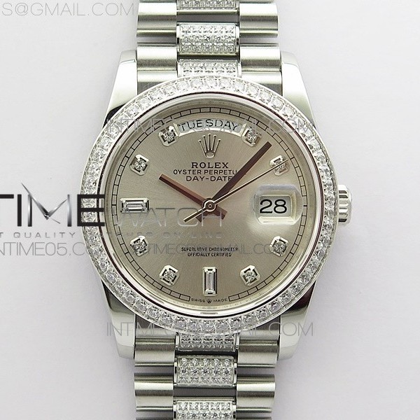 BP공장 롤렉스 데이데이트 36미리 실버다이얼 2836 Day-Date 36 128239 SS/Crystal BP Best Edition Silver Crystal Markers Dial on SS President Bracelet A2836