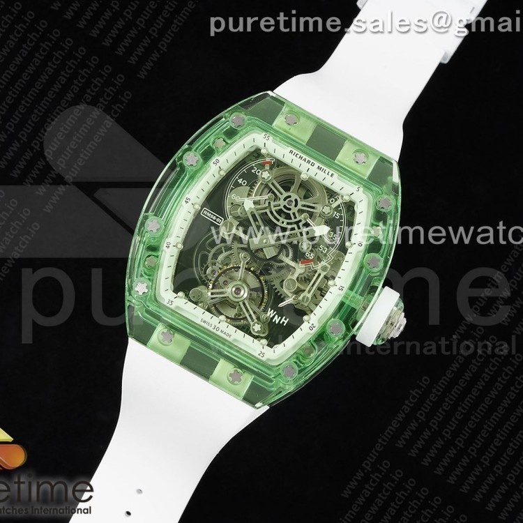 RM공장 리차드밀 RM56-01 뚜르비옹 그린 투명 글래스케이스 러버스트랩 RM56-01 Green Transparent Tourbillon RMF Best Edition Skeleton Dial on White Rubber Strap