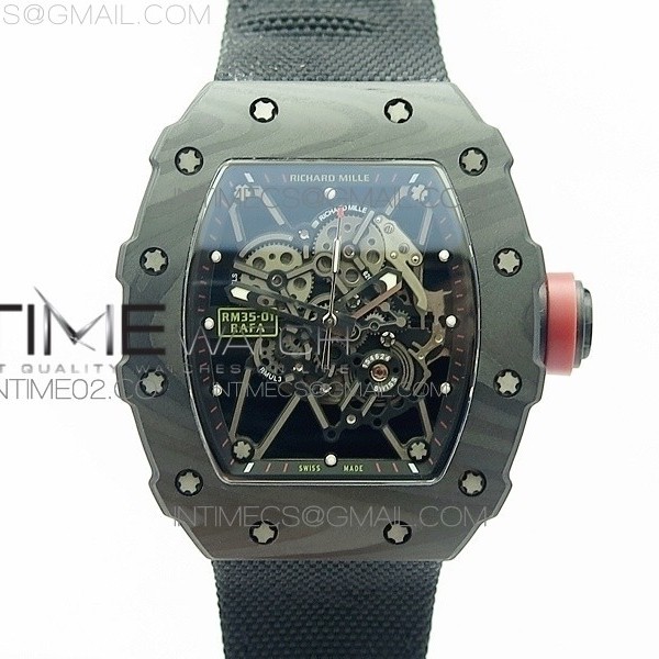 KV V2 리차드밀 RM035-01 카본 레드크라운 블랙나일론스트랩 RM035-01 FORGED CARBON CASE V2 SKELETON DIAL RED CROWN ON BLACK NYLON STRAP MIYOTA8215