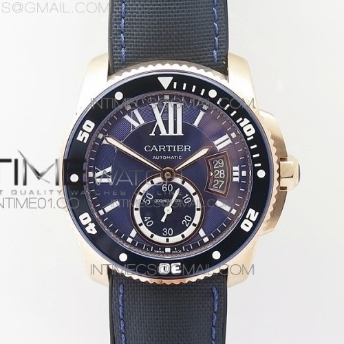 TF공장 칼리브 드 까르띠에 다이버 로즈골드금통 블루다이얼 러버스트랩 CALIBRE DE CARTIER DIVER RG BLUE DIAL ON NYLON BLACK RUBBER STRAP 23J MOVEMENT