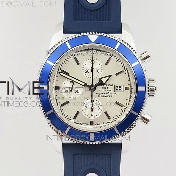 OM공장 브라이틀링 슈퍼오션 46 스틸 화이트다이얼 블루베젤 러버스트랩 SUPEROCEAN A13312 46MM SS BLUE BEZEL WHITE DIAL ON BLUE RUBBER STRAP A7750(FREE RUBBER STRAP)