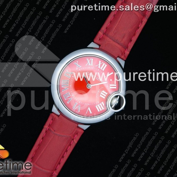 V6공장 까르띠에 발롱블루 33MM 스틸 레드다이얼 레드가죽스트랩 Ballon Bleu 33mm SS Red Dial on Red Leather Strap Ronda Quartz