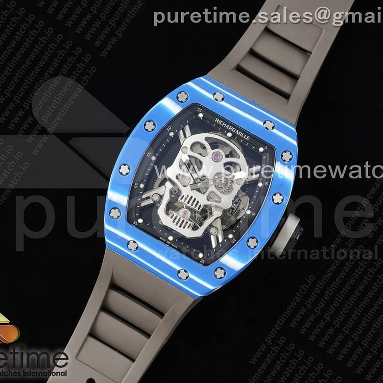 3K공장 리차드밀 RM052 NTPT블루카본케이스 스컬다이얼 러버스트랩 RM052 Skull Blue NTPT Real Tourbillon 3KF 1:1 Best Edition Skull Dial on Gray Rubber Strap