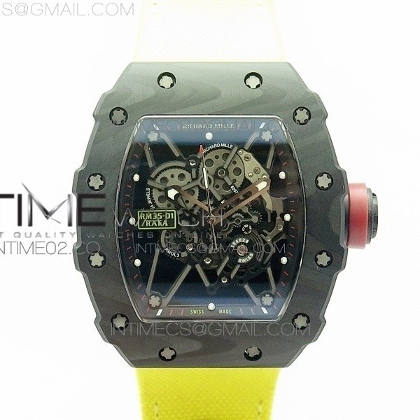 KV V2 리차드밀 RM035-01 카본 레드크라운 옐로우나일론스트랩 RM035-01 FORGED CARBON CASE V2 SKELETON DIAL RED CROWN ON YELLOW NYLON STRAP MIYOTA8215