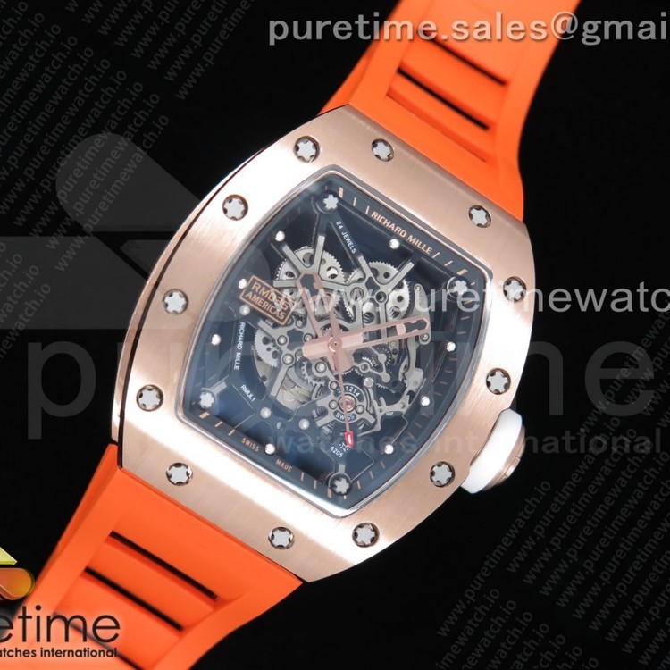 KV공장 RM035-02 로골 스켈레톤다이얼 러버스트랩 RG Skeleton Dial Black on Orange Rubber Strap MIYOTA8215