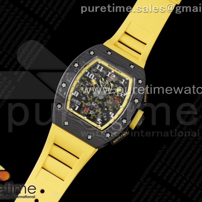 KV공장 RM011 카본 스켈레톤다이얼 러버 RM011 NTPT Carbon Chrono KVF 1:1 Best Edition Crystal Skeleton Dial Yellow Inner Bezel on Yellow Rubber Strap A7750