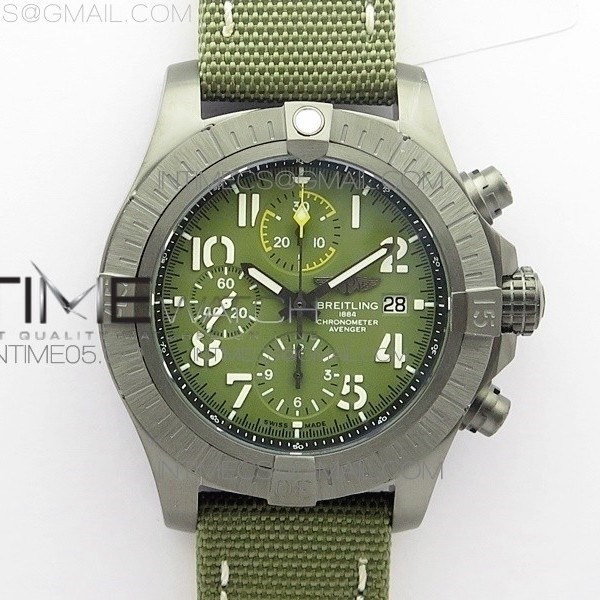 브라이틀링 어벤져 밴디트 티타늄 DLC 그린다이얼 나일론 스트랩 Avenger Bandit V13317 Titanium DLC B50 Best Edition Green Dial Numbers Makers on Green Nylon strap A7750