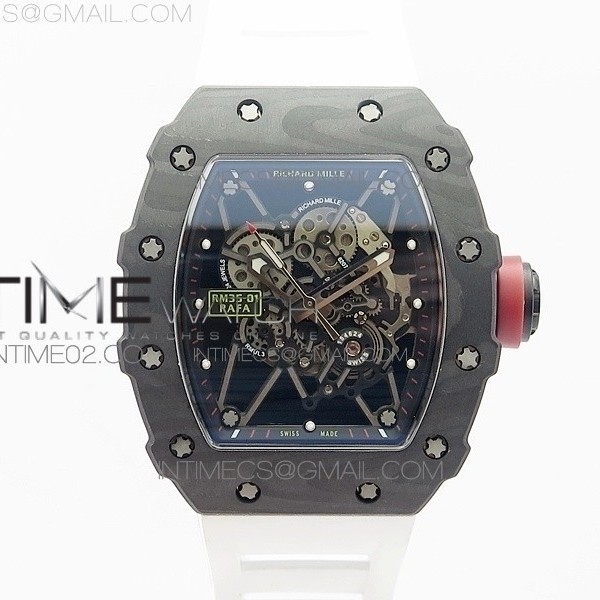 KV공장 리차드밀 RM035-01 카본케이스 스켈레톤다이얼 화이트러버스트랩 RM035-01 FORGED CARBON CASE V2 SKELETON DIAL RED CROWN ON WHITE RUBBER STRAP MIYOTA8215