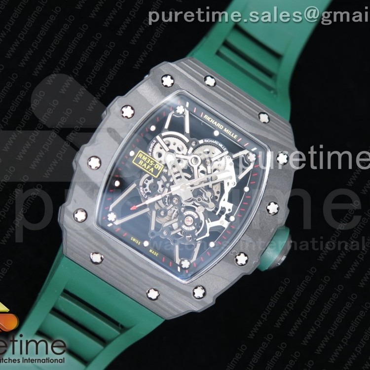 KV공장 RM035-01 포지드카본 티타늄케이스 스켈레톤다이얼 그린러버스트랩 RM035-01 Forge Carbon Caseback Titanium Case Skeleton Dial Green on Green Rubber Strap MIYOTA8215