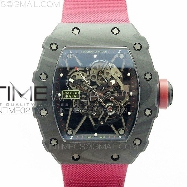 KV V2 리차드밀 RM035-01 카본 레드크라운 레드나일론스트랩 RM035-01 FORGED CARBON CASE V2 SKELETON DIAL RED CROWN ON RED NYLON STRAP MIYOTA8215