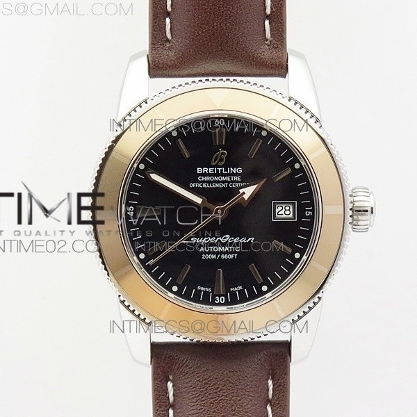 브라이틀링 슈퍼오션 스틸 샴페인골드베젤 블랙다이얼 가죽스트랩 SUPEROCEAN 42MM A17321 SS BLACK DIAL CHAMPAGNE GOLD BEZEL ON BROWN LEATHER STRAP ETA2824