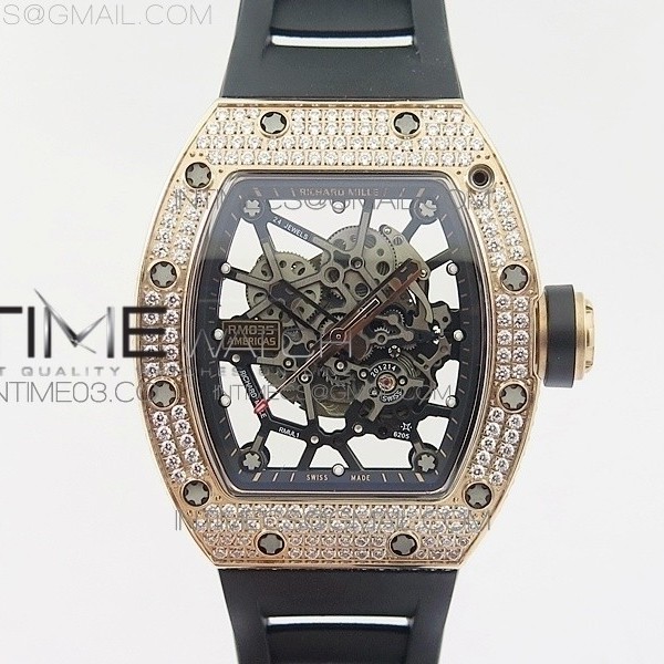 KV공장 리차드밀 RM035-02 아메리카즈 로즈골드금장 다이아몬드베젤 러버스트랩 RM035-02 AMERICAS RG DIAMONDS BEZEL SKELETON DIAL ON BLACK RUBBER STRAP MIYOTA8215