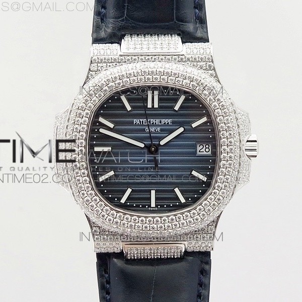 파텍필립 노틸러스 점보 5711 풀다이아몬드 블루다이얼 악어가죽스트랩 NAUTILUS JUMBO 5711 SS FULL PAVED DIAMONDS BLUE DIAL CASE ON BLUE CROCO LEATHER STRAP A324