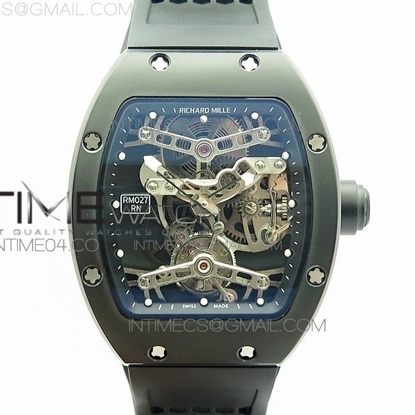 EUR공장 리차드밀 RM027 티타늄DLC코팅 리얼투어빌론 러버스트랩 RM027 TITANIUM DLC REAL TOURBILLON SKELETON SKULL DIAL ON BLACK RUBBER STRAP