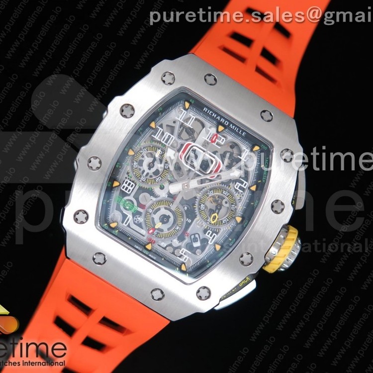 KV공장 리차드밀 RM11-03 스틸 크리스탈스켈레톤다이얼 오렌지레이싱러버스트랩 RM11-03 SS Crystal Skeleton Dial on Orange Racing Rubber Strap A7750