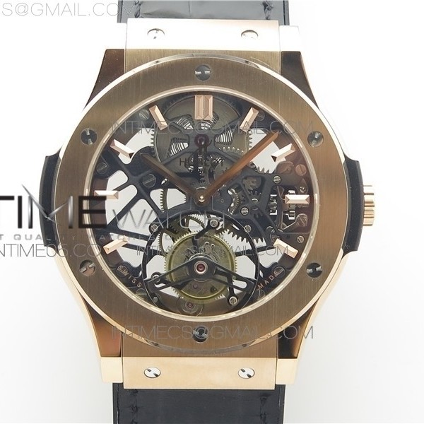 JB공장 위블로 클래식퓨전 로즈골드 금통 스켈레톤다이얼 거미스트랩 Classic Fusion Tourbillion JBF RG Black dial on Leather Strap HUB6010