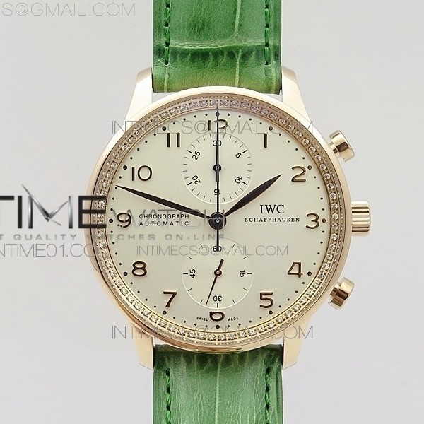 ZF공장 IWC 포르투기저 크로노그래프 PORTUGUESE IW3714 RG CASE DIAMOND WHITE DIAL RG NUMERAL ON GREEN LEATHER STRAP A79350 (SLIM MOVEMENT)