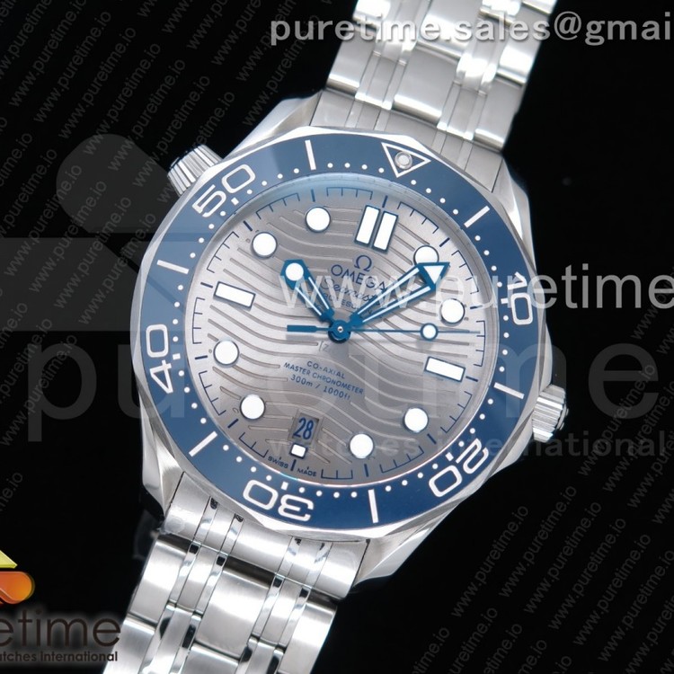 OM공장 오메가 씨마스터 다이버300 스틸 그레이물결텍스쳐다이얼 브레이슬릿 2018 Seamaster Diver 300M Blue Ceramic Gray Dial on SS Bracelet A8800 (Black Balance Wheel)