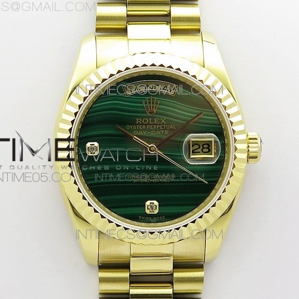 ED공장 롤렉스 데이저스트 36 옐로우골드금통 그린다이얼 Day date 432118 36mm YG EDF Best Edition Green Malachite Dial Crystal Markers on SS President Bracelet A2836