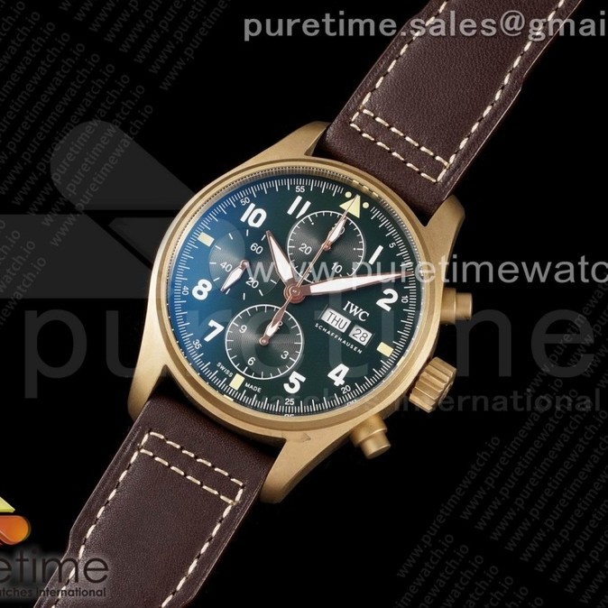 AZ공장 IWC 파일럿 크로노그래프 스핏파이어 브론즈케이스 그린다이얼 가죽스트랩 Pilot Chrono Spitfire IW387902 Bronze AZF 1:1 Best Edition Green Dial on Brown Leather Strap A7750