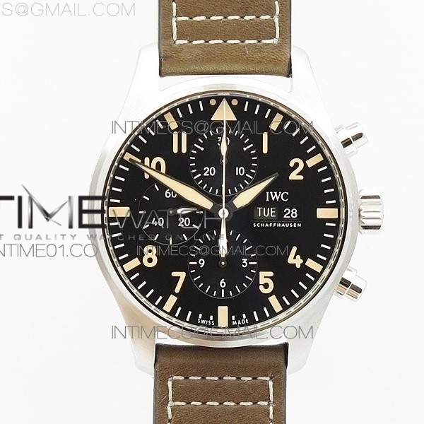 ZF공장 IWC 파일럿 20주년기념 한정판 PILOT CHRONO 20TH BLACK DIAL ON BROWN LEATHER STRAP A7750