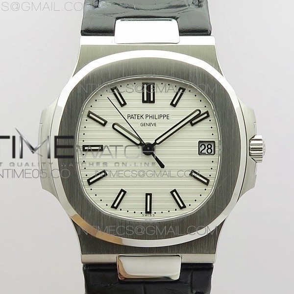 PP공장 V4 노틸러스 점보 화이트다이얼 가죽스트랩 Nautilus Jumbo 5711 Super Replication White Textured Dial on Black Leather Strap PPF324