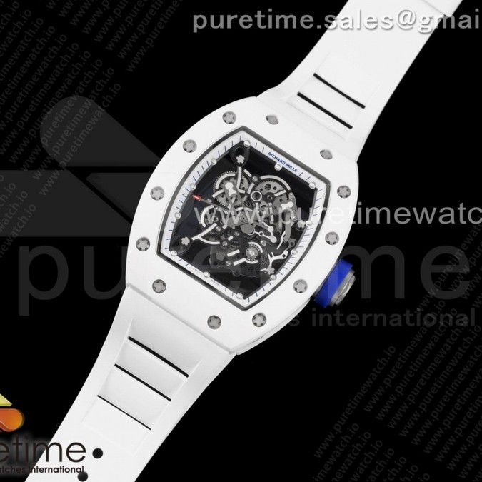 KV공장 V3 RM055 세라믹 스켈레톤다이얼 러버 RM055 White Ceramic KVF Best Edition Skeleton Dial White Blue on White Rubber Strap MIYOTA8215 V3