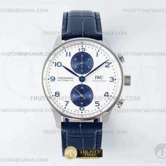 AZ공장 IWC 포르투기저 크로노그래프 3716 스틸 화이트블루다이얼 가죽스트랩 Portuguese Chrono Ed SS/LE Wht/Blue Num AZF A69355