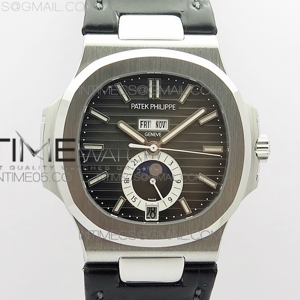 GR공장 V2 노틸러스 애뉴얼캘린더 그레이다이얼 가죽스트랩 NAUTILUS 5726 SS GRF 1:1 BEST EDITION GRAY DIAL WORKING ANNUAL CALENDARON BLACK LEATHER STARP A.324 V2