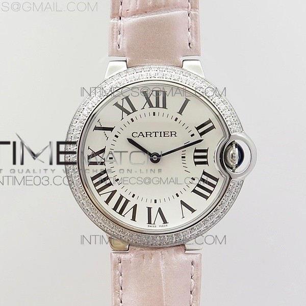 V6공장 까르띠에 발롱블루 36mm 스틸 다이아몬드베젤 화이트다이얼 핑크가죽스트랩 BALLON BLEU 36MM SS WHITE DIAL DIAMOND ON PINK LEATHER STRAP QUARTZ