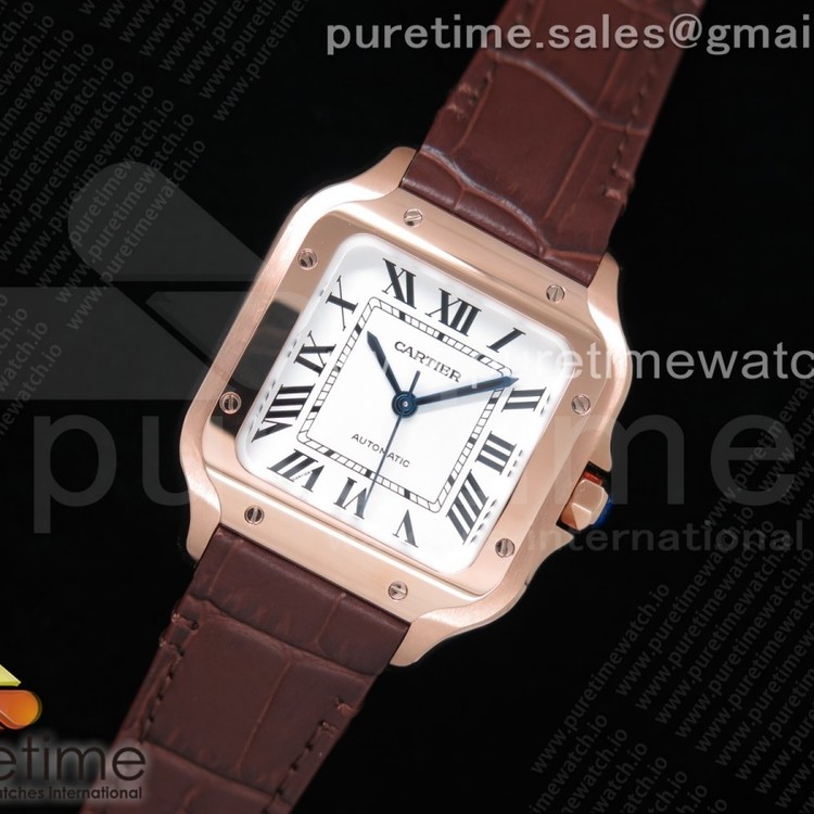 V6공장 까르띠에 산토스 미듐 로골 화이트다이얼 가죽스트랩 Santos de Cartier 35mm RG White Dial on Brown Leather Strap MIYOTA 9015