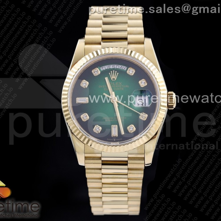 EW공장 데이데이트 36 옐로우골드 금통 그린다이얼 브레이슬릿 Day-Date 36 YG 128238 Green Dial Diamonds Markers on President Bracelet A2836