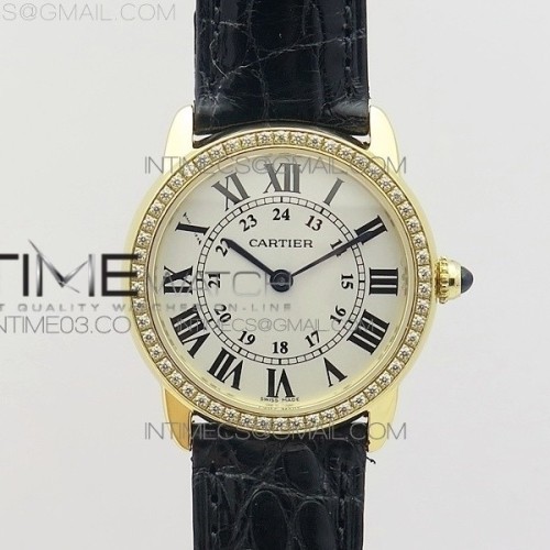 K11공장 까르띠에 롱드솔로 29mm 옐로우골드&다이아케이스 화이트다이얼 가죽스트랩 RONDE SOLO DE CARTIER 29MM YG/DIA WHITE DIAL ON BLACK CROCO LEATHER STRAP RONDA QUARTZ