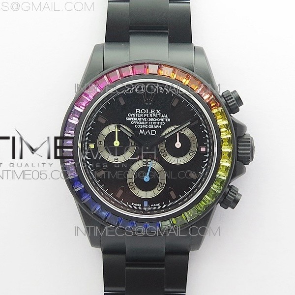 VR공장 레인보우 PVD 블랙다이얼 Daytona Blaken Rainbow Crystal Bezel PVD VR Best Edition Black Dial on PVD Bracelet A7750 V2