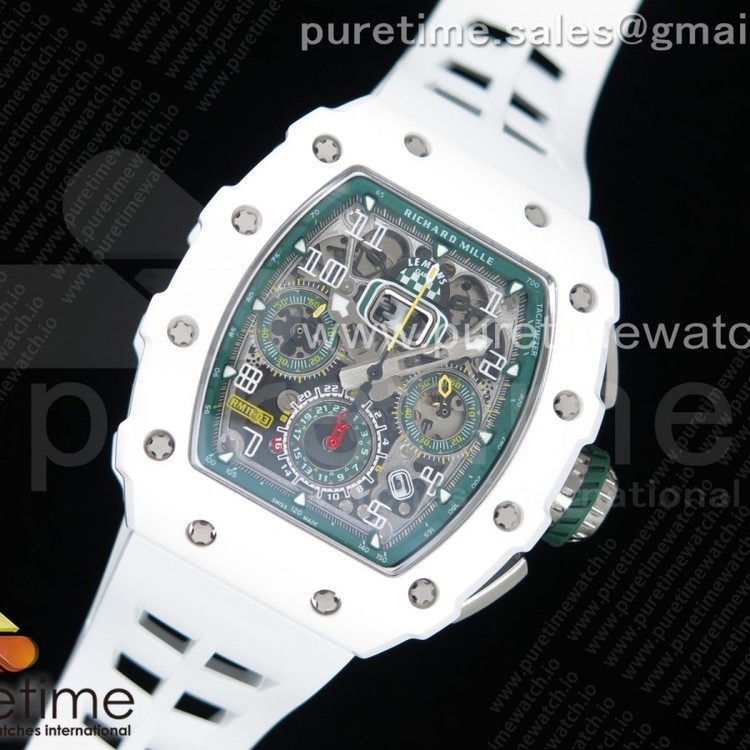 KV공장 리차드밀 RM011 화이트세라믹케이스 스켈레톤다이얼 러버스트랩 RM011 Real White Ceramic Chronograph Crystal Skeleton Dial Green on White Rubber Strap A7750