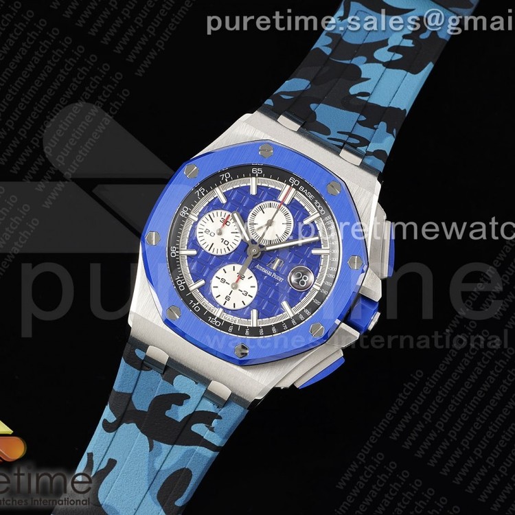 AP공장 오데마피게 로얄오크오프쇼어 44mm 블루세라믹베젤 블루다이얼 러버스트랩 Royal Oak Offshore 44mm Blue Ceramic Bezel APF 1:1 Best Edition Blue Dial on Blue Camou Strap A3126 V2