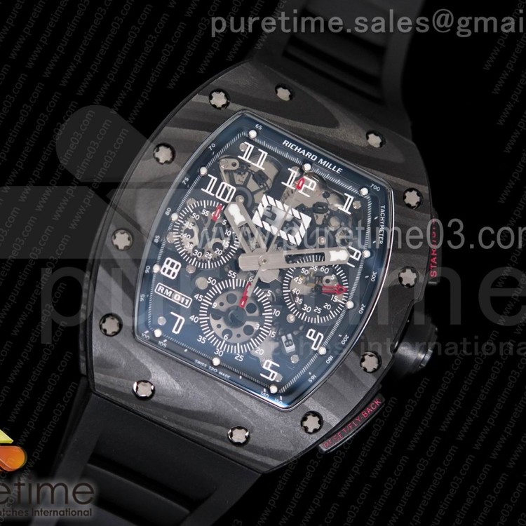 KV 리차드밀 RM011 NTPT 카본 크로노그래프 NTPT Carbon Case Chronograph Crystal Skeleton Dial White on Black Rubber Strap A7750