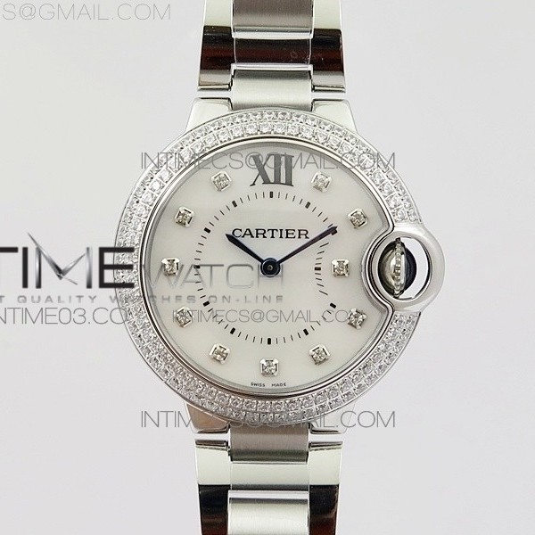 V6공장 까르띠에 발롱블루 33mm 스틸 화이트자개다이얼 다이아몬드인덱스&베젤 브레이슬릿 BALLON BLEU 33MM SS DIAMOND BEZEL WHITE MOP DIAL ON SS BRACELET QUARTZ