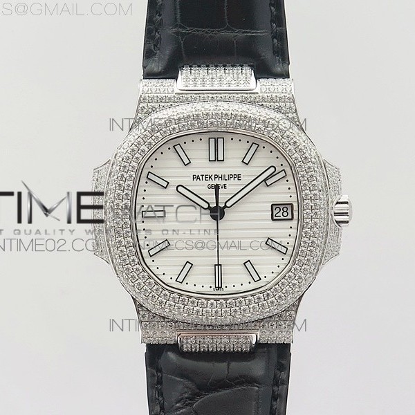 파텍필립 노틸러스 점보 5711 풀다이아몬드 화이트다이얼 악어가죽스트랩 NAUTILUS JUMBO 5711 SS FULL PAVED DIAMONDS WHITE DIAL CASE ON BLACK CROCO LEATHER STRAP A324