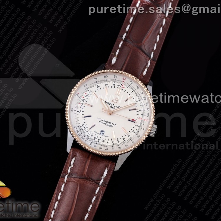 V7공장 브라이틀링 내비타이머 로골 화이트다이얼 가죽스트랩 Navitimer 1 SS 41mm RG Bezel White Dial on Brown Leather Strap A2824