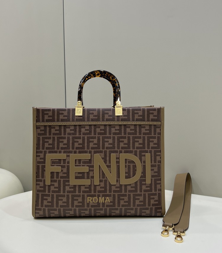 펜디 FENDI 브라운 FF 자카드 패브릭 선샤인 쇼퍼백