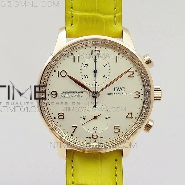 ZF공장 IWC 포르투기저 크로노그래프 PORTUGUESE IW3714 RG CASE DIAMOND WHITE DIAL RG NUMERAL ON YELLOW LEATHER STRAP A79350 (SLIM MOVEMENT)