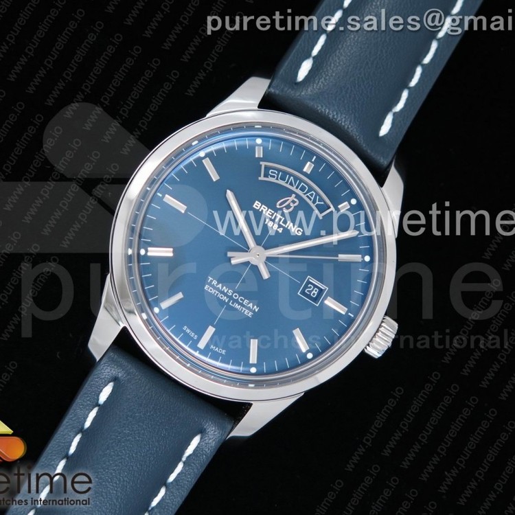 V7공장 브라이틀링 트랜스오션 데이데이트 스틸 블루다이얼 가죽스트랩 Breitling Transocean Day & Date Automatic SS Blue Dial on Blue Leather Strap A2836