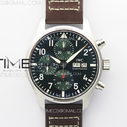 KK공장 IWC 파일럿 크로노그래프 IW388104 Pilot Chrono IW388104 KKF Best Edition Green Dial on Brown Leather Strap A7750 to 69385