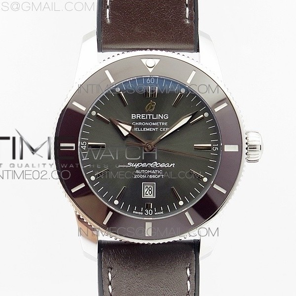 브라이틀링 슈퍼오션 헤리티지2 브라운인서트 그레이다이얼 브라운가죽스트랩 SUPER OCEAN HERITAGE BROWN CERAMIC BEZEL SS GRAY DIAL ON BROWN GUMMY STRAP A2824