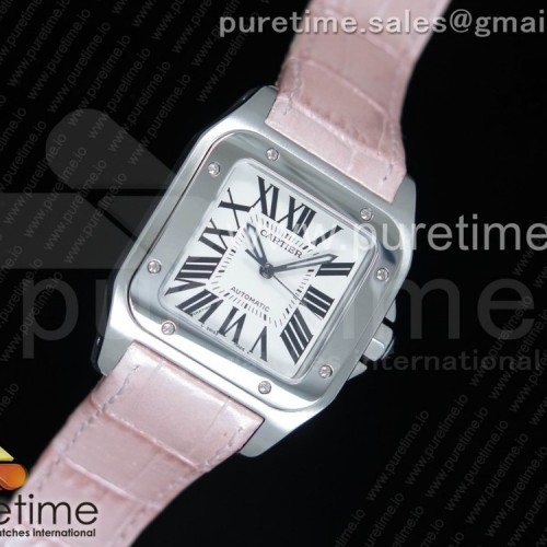 KZ공장 까르띠에 산토스100 미디움 스틸 화이트다이얼 핑크가죽스트랩 Santos 100 33mm SS White Dial on Pink Leather Strap SEIKO NH05A