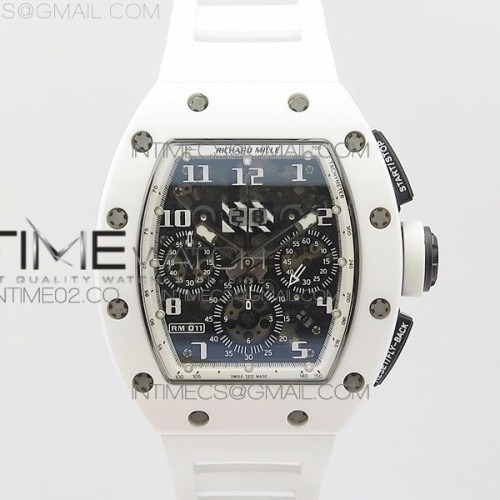 KV공장 리차드밀 RM011 한국산 화이트세라믹케이스 크로노그래프 RM011 CARBON CASE CHRONOGRAPH WHITE CERAMIC BEZEL SKELETON DIAL ON WHITE RUBBER STRAP A7750